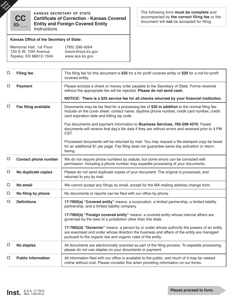 Form CC53 Certificate of Correction - Kansas Covered Entity and Foreign Covered Entity - Kansas, Page 1