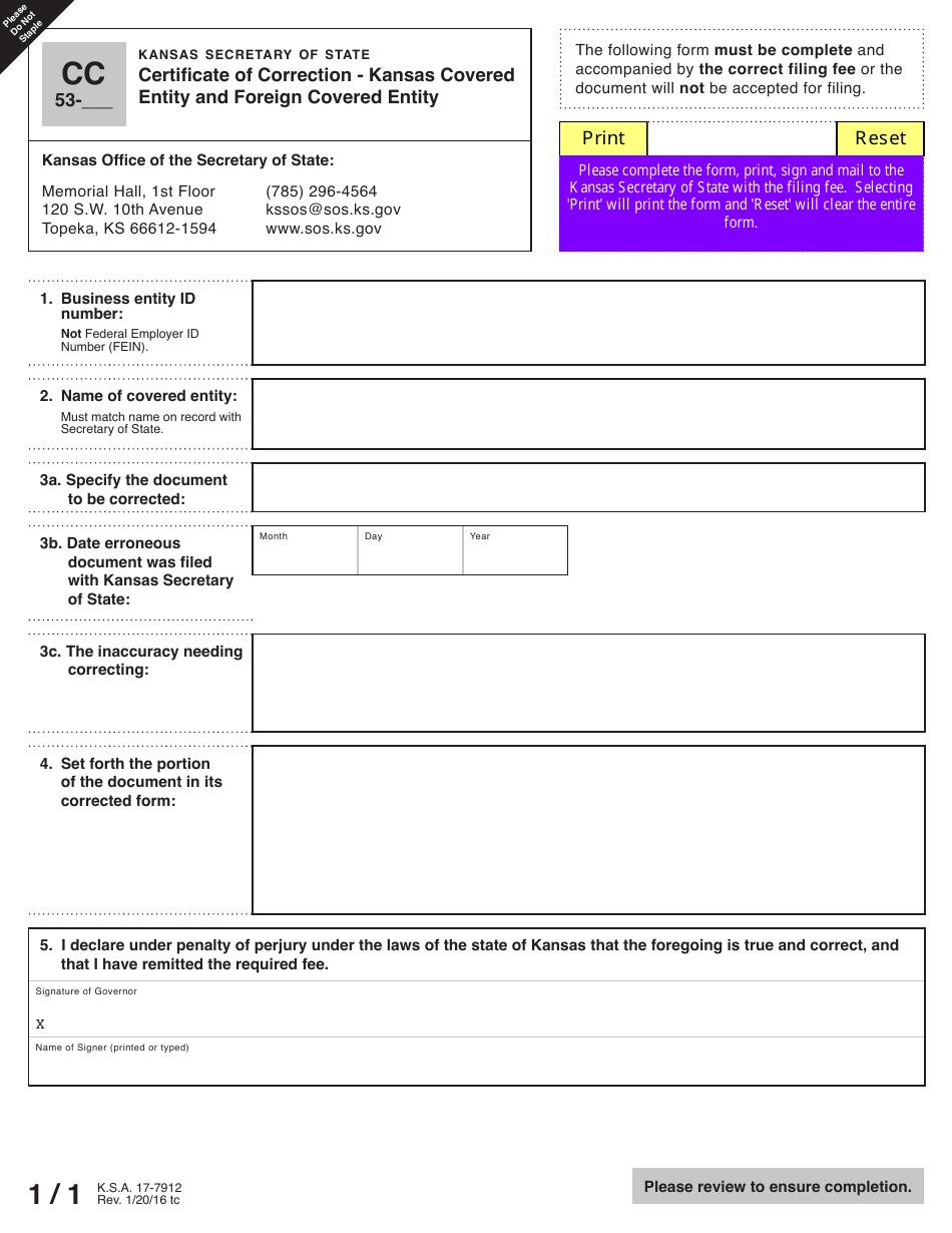 Form CC53 Certificate of Correction - Kansas Covered Entity and Foreign Covered Entity - Kansas, Page 2