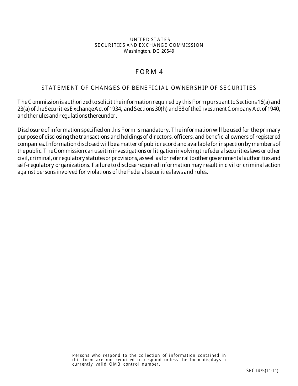 Instructions for SEC Form 1475, 4 Statement of Changes of Beneficial Ownership of Securities, Page 1