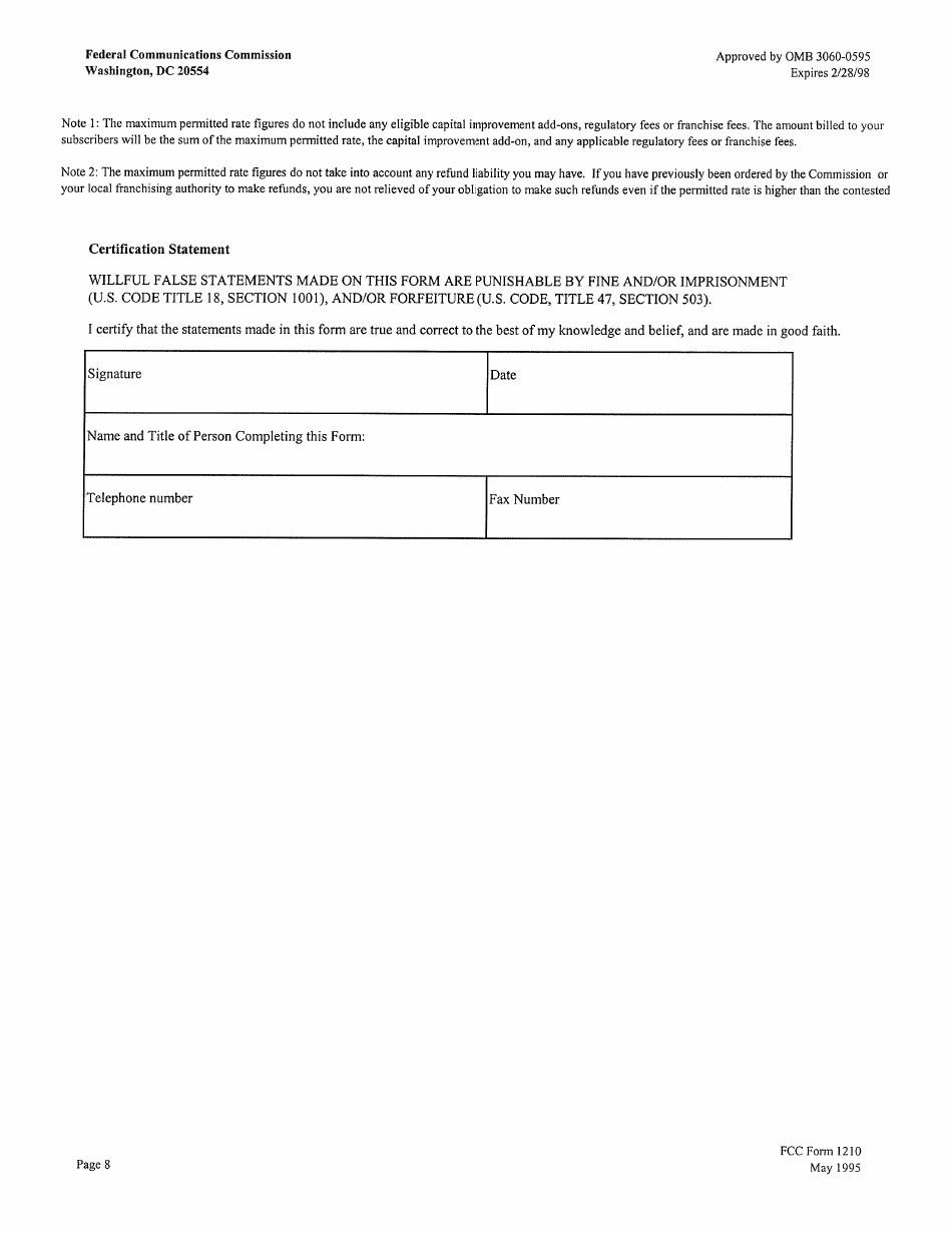 FCC Form 1210 Updating Maximum Permitted Rates for Regulated Cable Services, Page 8