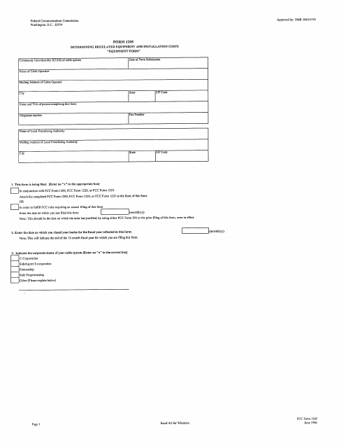 FCC Form 1205 Determining Regulated Equipment and Installation Costs "equipment Form"