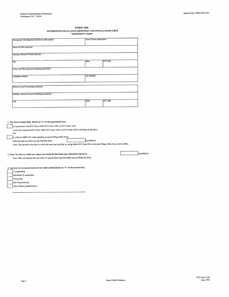 FCC Form 1205 Determining Regulated Equipment and Installation Costs equipment Form, Page 1