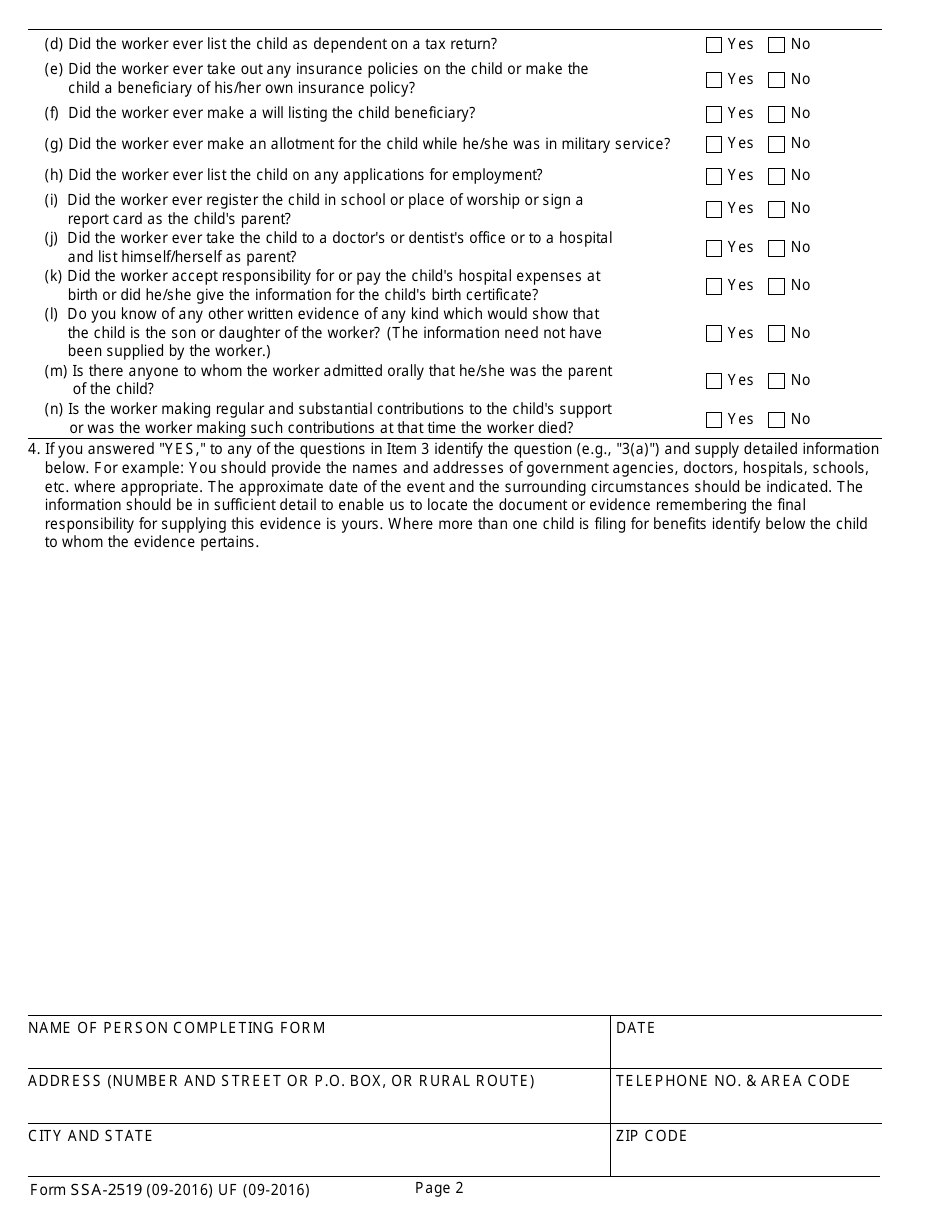 Form SSA-2519 Child Relationship Statement, Page 2