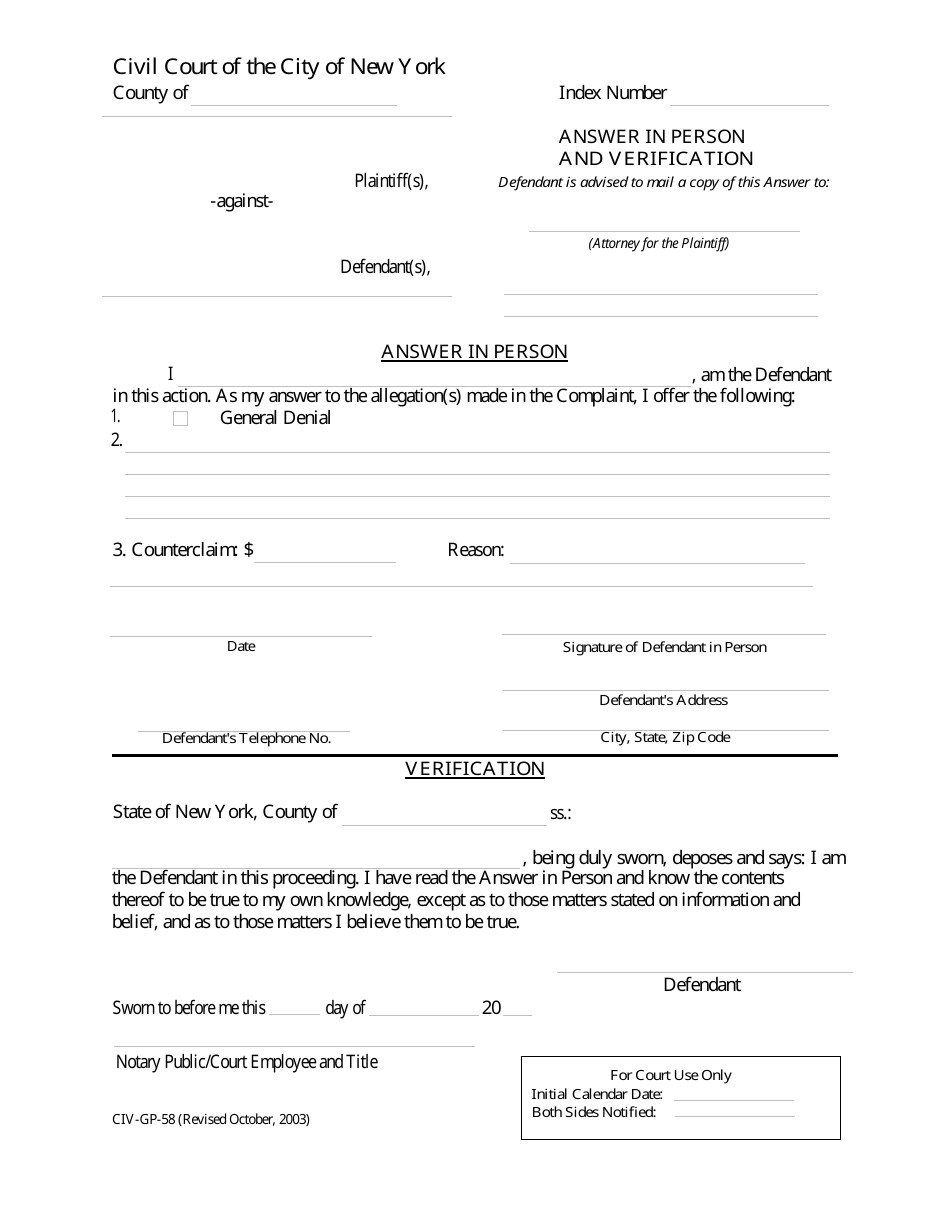 Form CIV-GP-58 Answer in Person and Verification - New York, Page 1