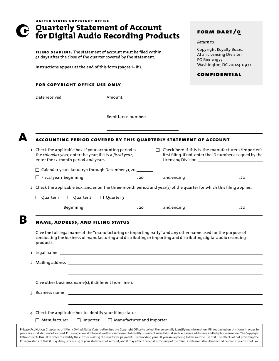 Form DART / Q Quarterly Statement of Account 5 for Digital Audio Recording Products, Page 3