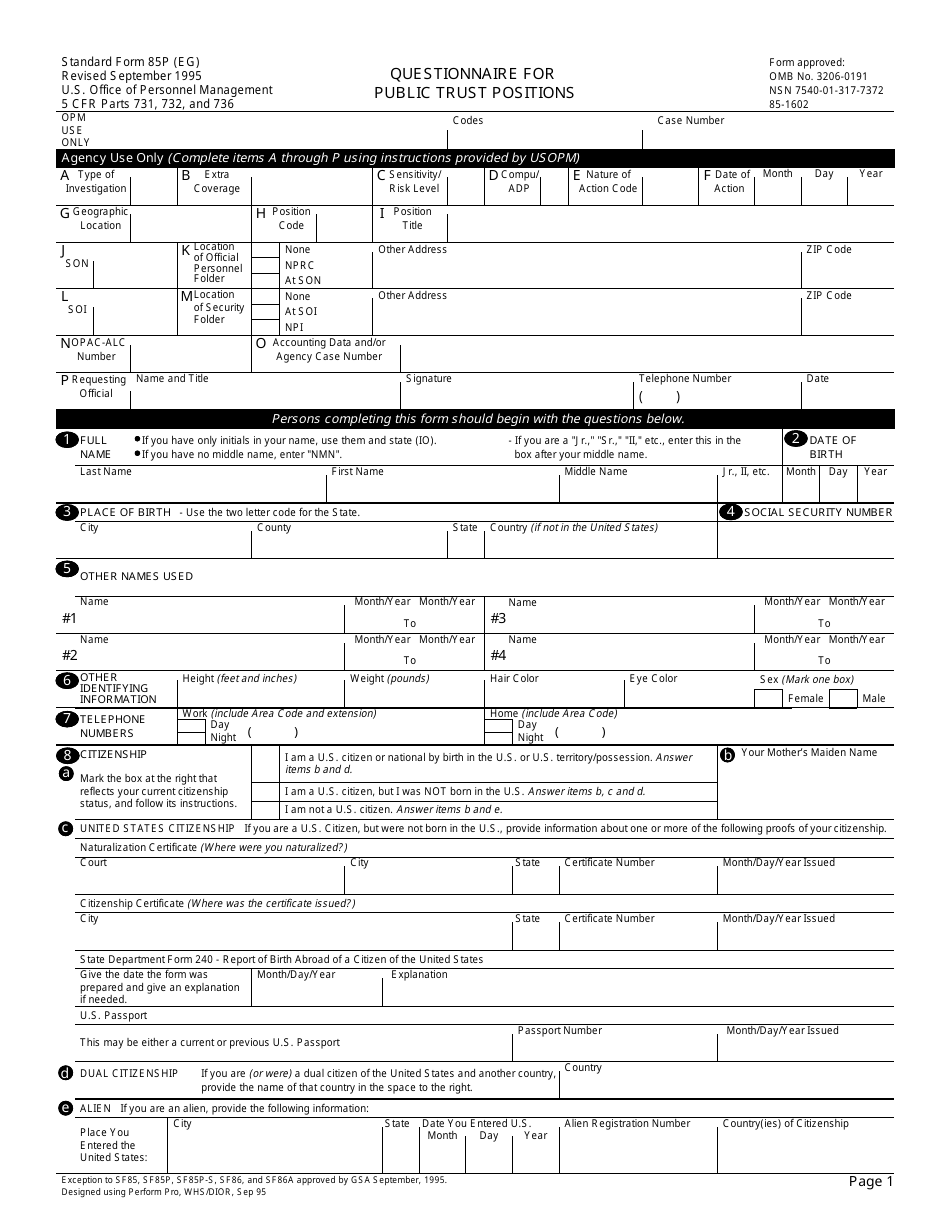 OPM Form SF-85P - Fill Out, Sign Online and Download Fillable PDF ...