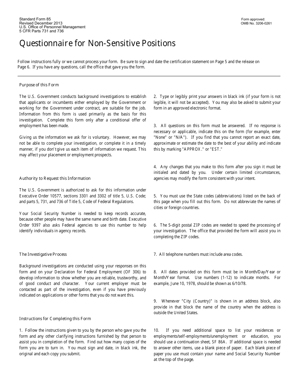 Opm Form Sf 85 Download Fillable Pdf Or Fill Online Questionnaire For Non Sensitive Positions Templateroller