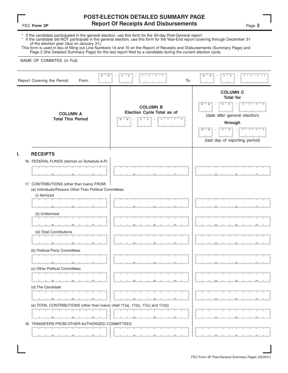 FEC Form 3P Post-election Detailed Summary Page - Report of Receipts and Disbursements, Page 1