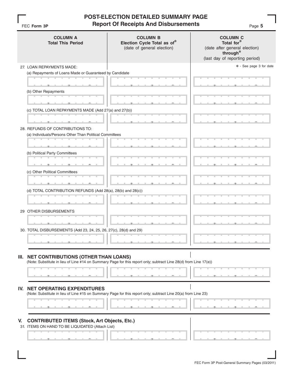 FEC Form 3P Post-election Detailed Summary Page - Report of Receipts and Disbursements, Page 3