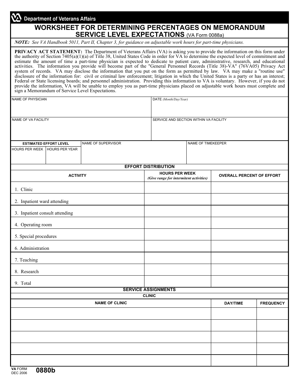 VA Form 0880B Worksheet for Determining Percentages on Memorandum Service Level Expectations (VA Form 0088a), Page 1