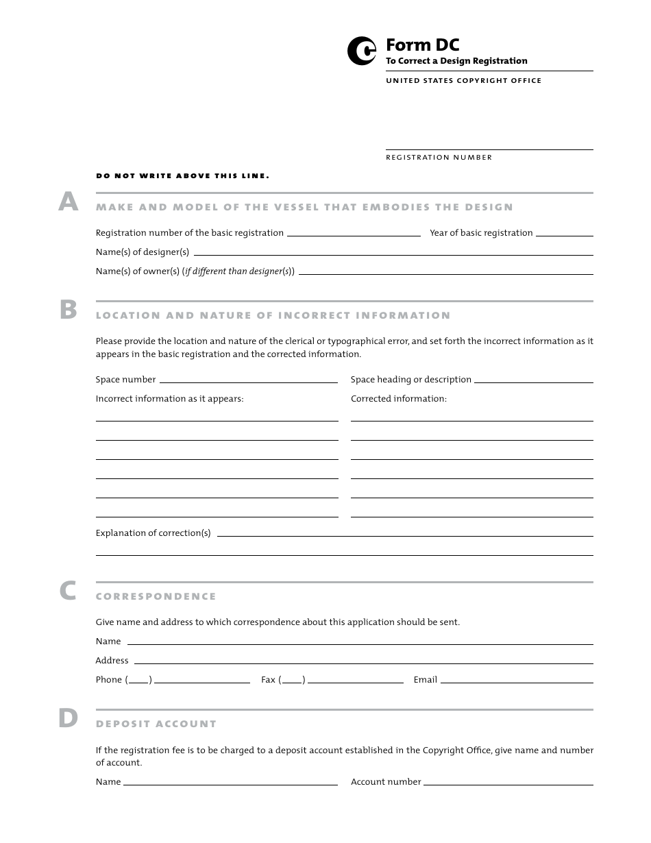 Form DC Application to Correct a Design Registration, Page 1
