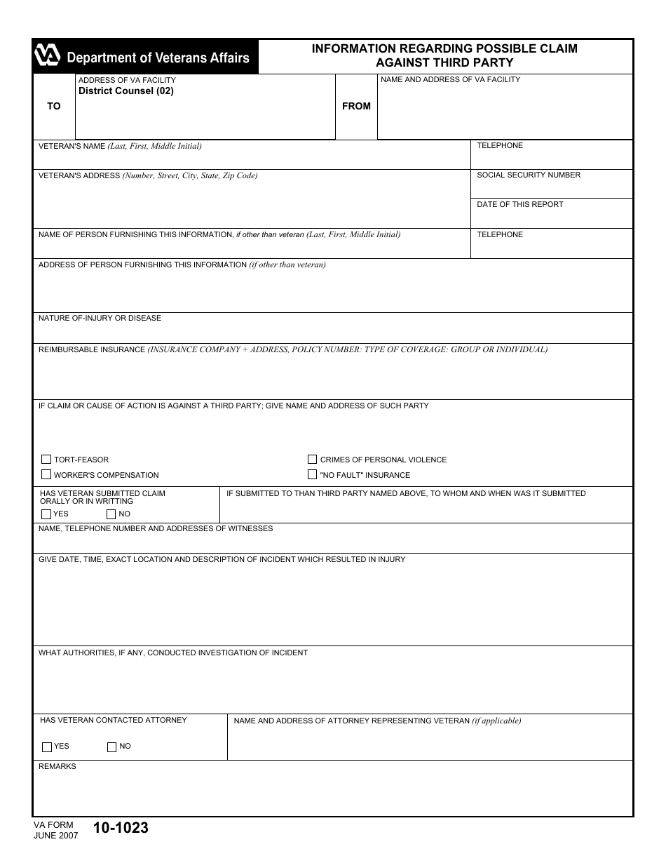 VA Form 10-1023 Information Regarding Possible Claim Against Third Party, Page 1