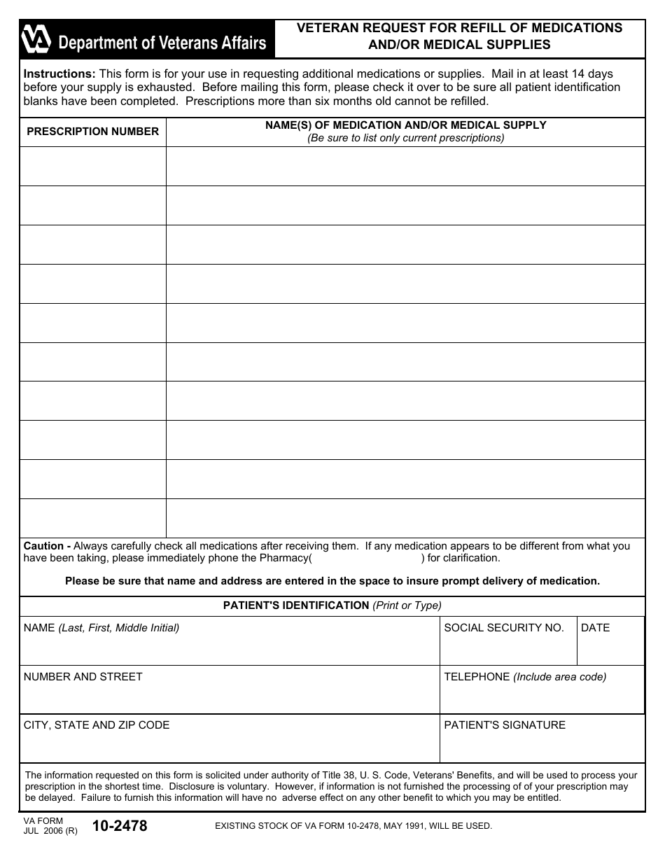 VA Form 10-2478 Veteran Request for Refill of Medications and / or Medical Supplies, Page 1