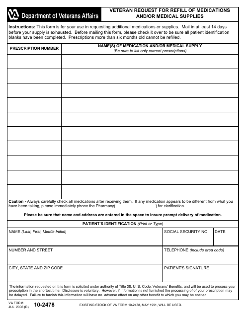 Va Form 10 2478 Download Fillable Pdf Or Fill Online Veteran Request For Refill Of Medications And Or Medical Supplies Templateroller