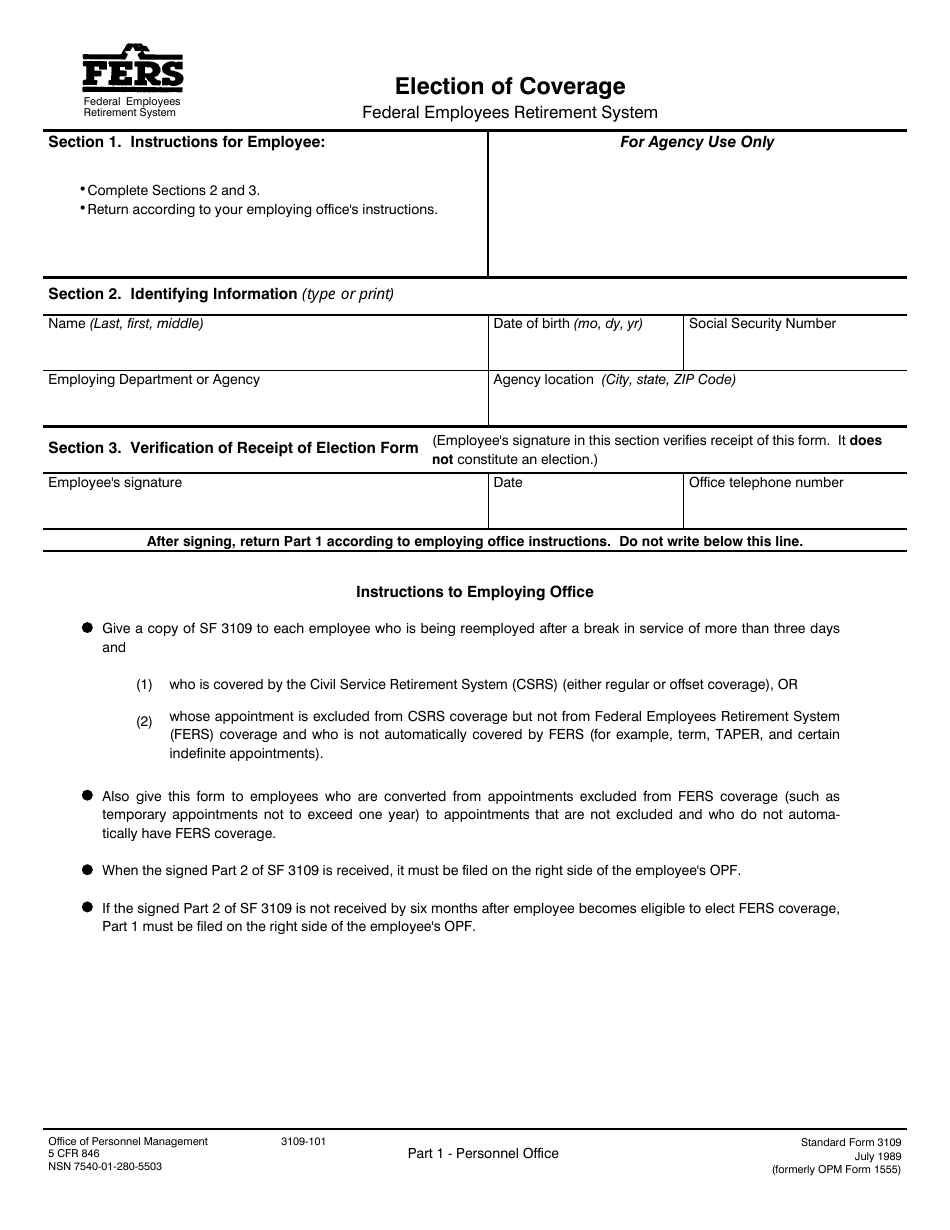 OPM Form SF-3109 Election of Coverage - Federal Employees Retirement System, Page 1