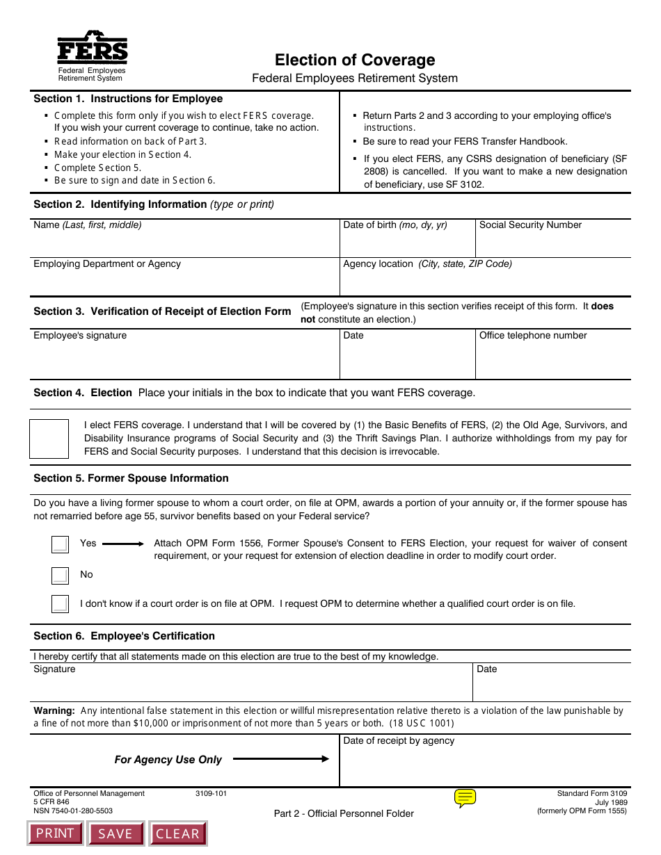 OPM Form SF-3109 Election of Coverage - Federal Employees Retirement System, Page 2