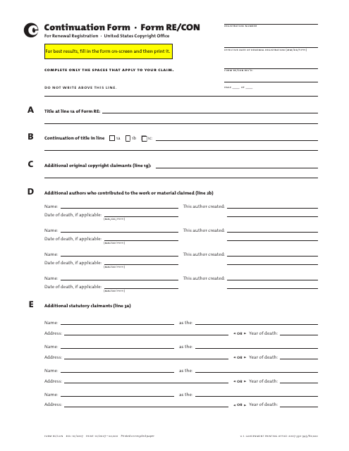 Form RE/CON Continuation Form for Renewal Registration