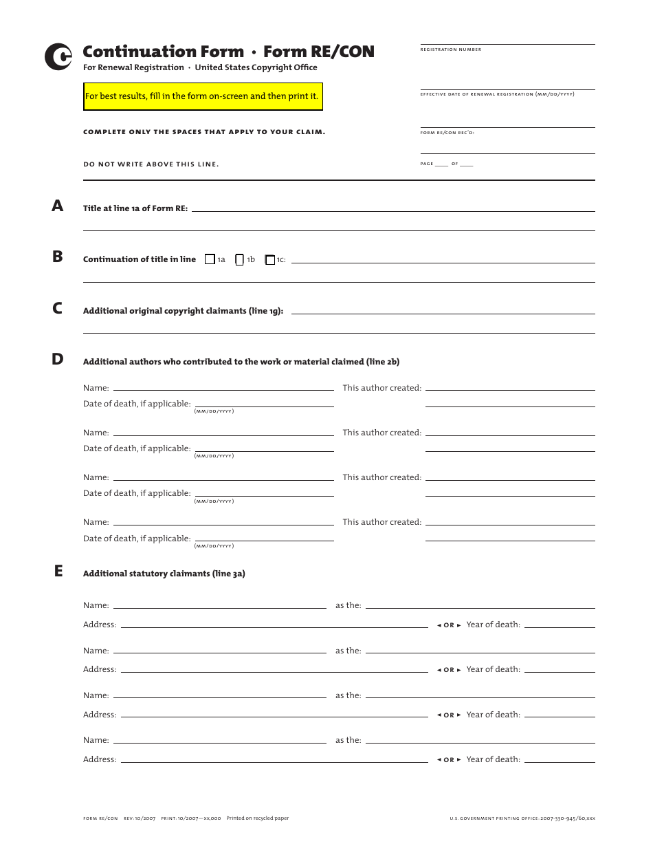 Form RE / CON Continuation Form for Renewal Registration, Page 1