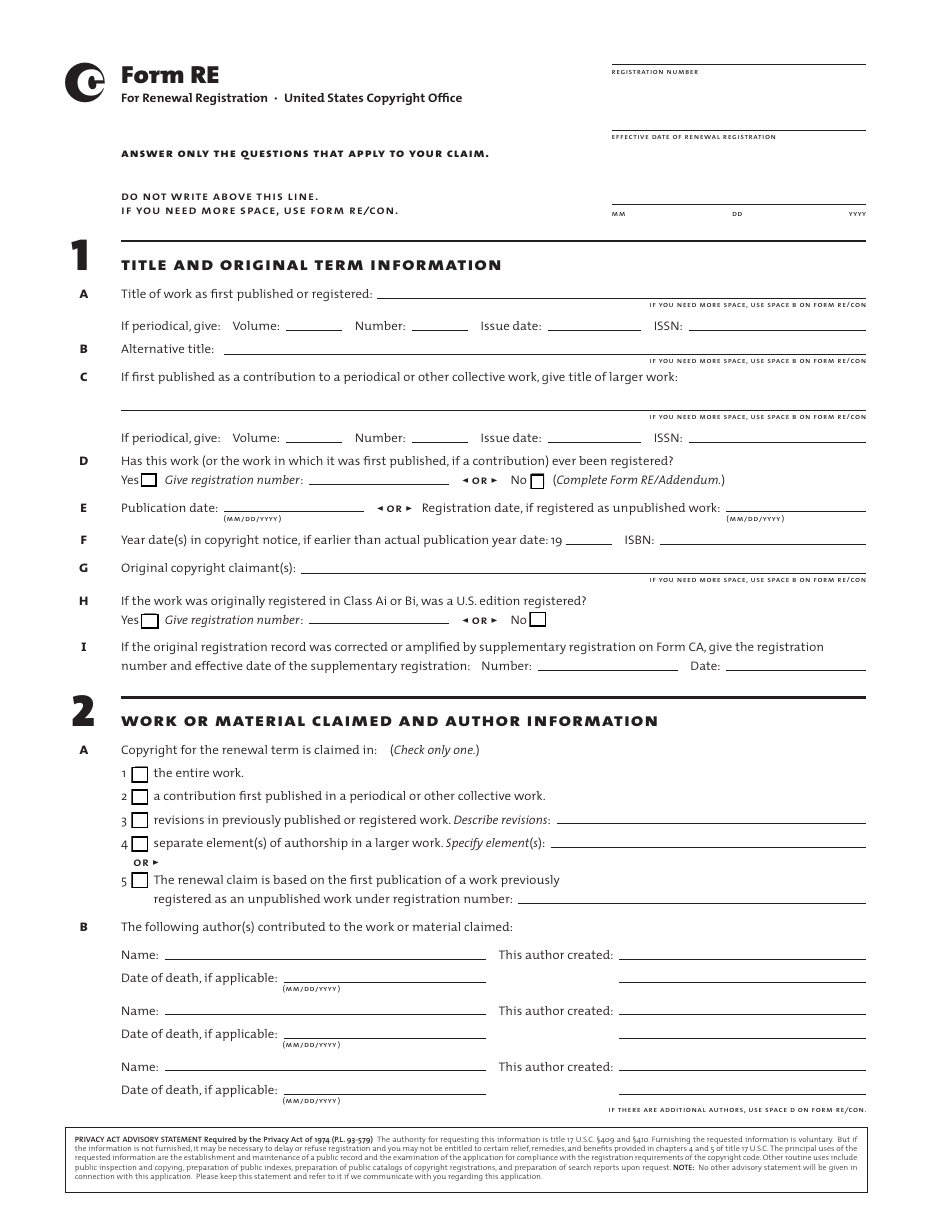 Form RE For Renewal Registration, Page 1