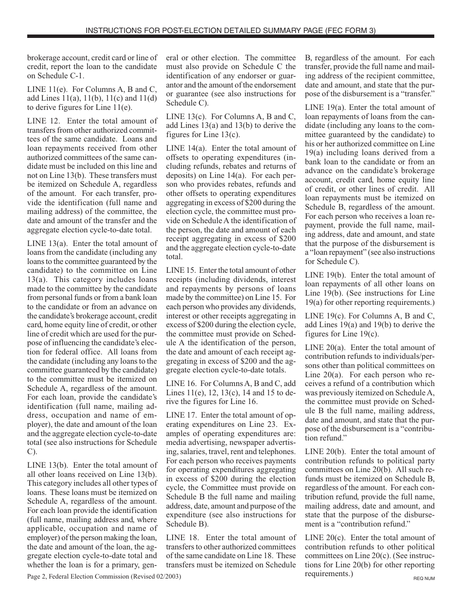 Instructions for FEC Form 3 Post-election Detailed Summary Page, Page 2