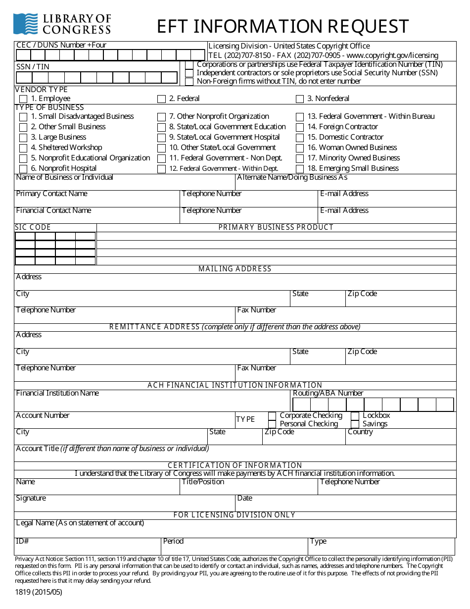 Form 1819 Eft Information Request, Page 1