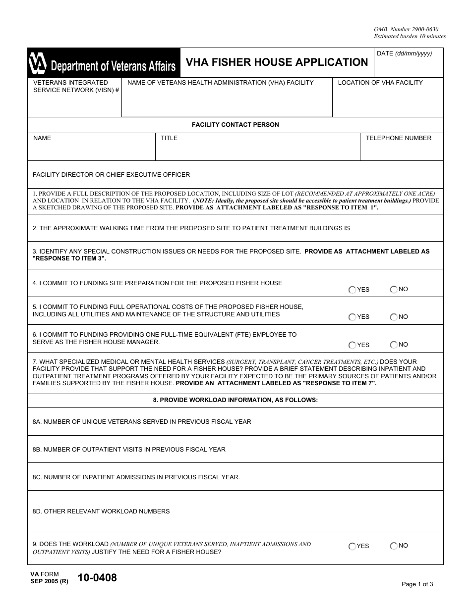 VA Form 10-0408 VHA Fisher House Application, Page 1