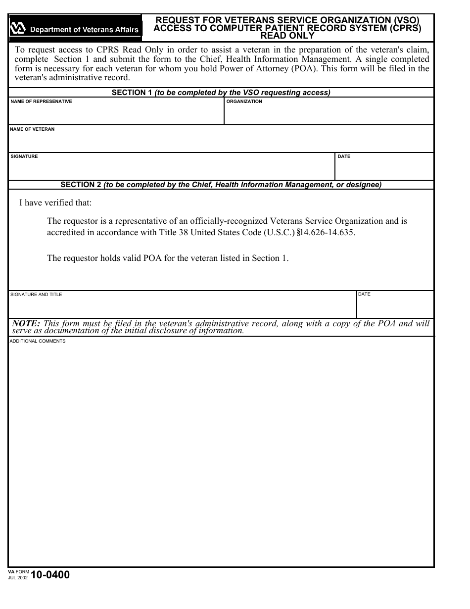 VA Form 10-0400 Request for Veterans Service Organization (Vso) Access to Computer Patient Record System (Cprs) Read Only, Page 1
