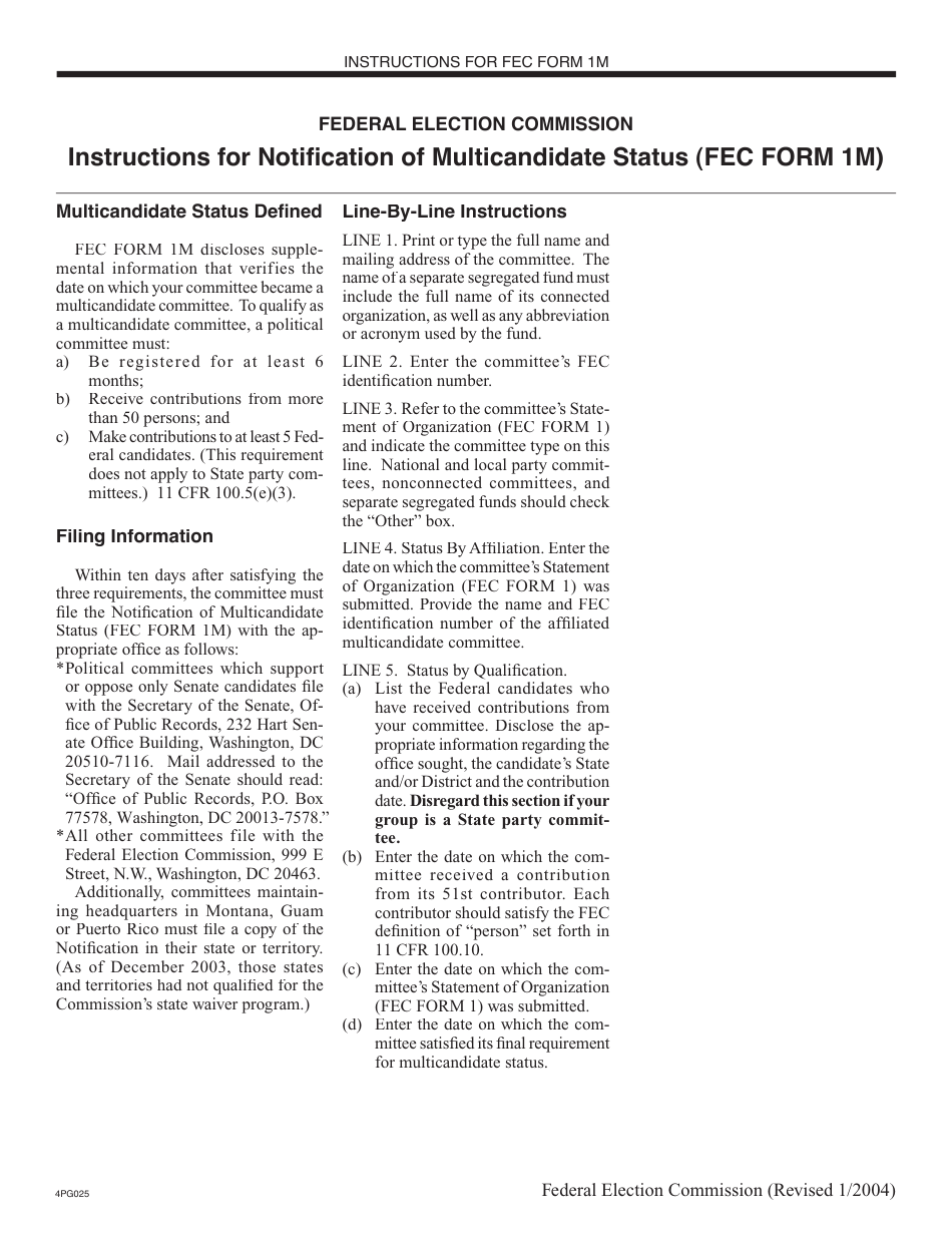 Instructions for FEC Form 1M Notification of Multicandidate Status, Page 1