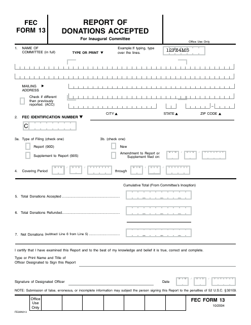 FEC Form 13  Printable Pdf