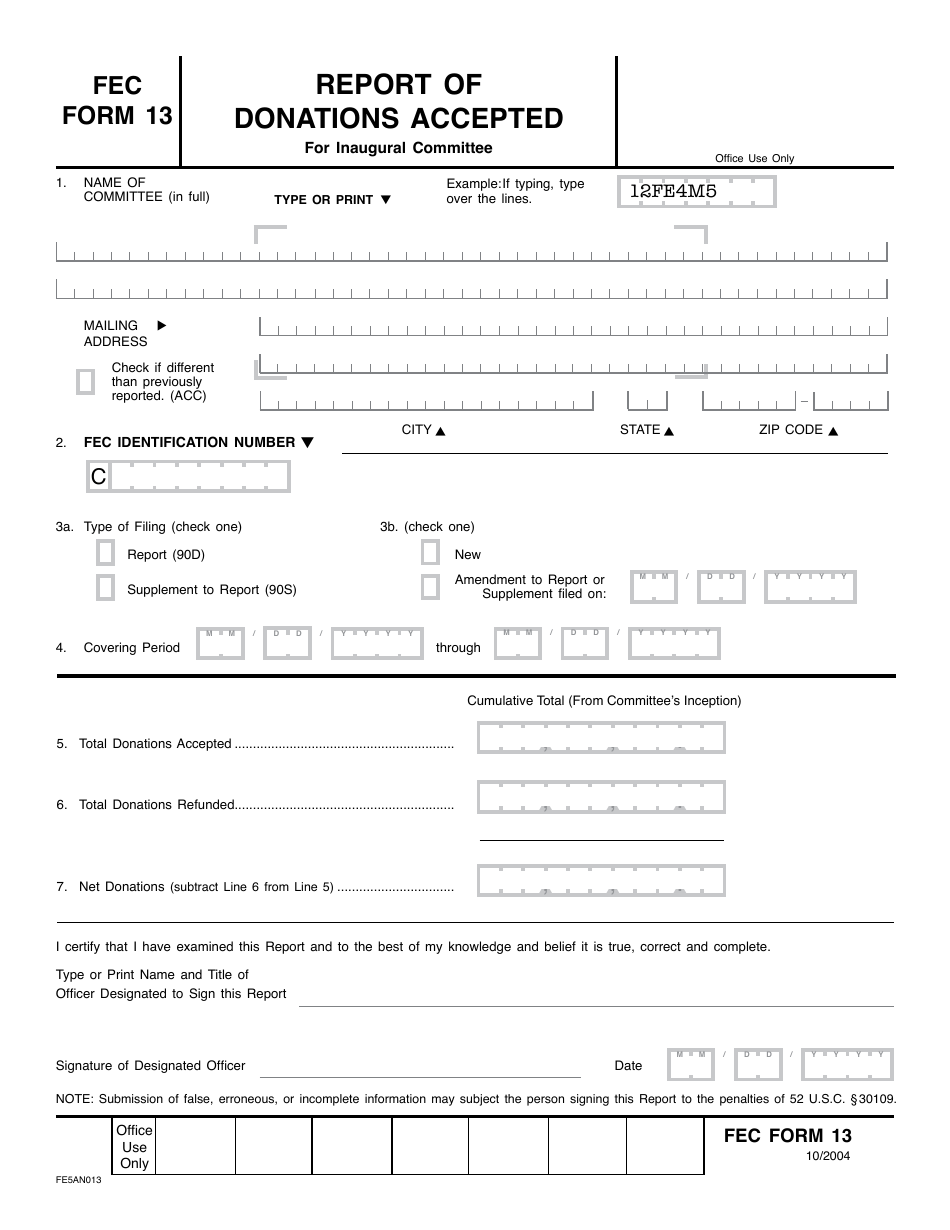 FEC Form 13 Report of Donations Accepted for Inaugural Committee, Page 1
