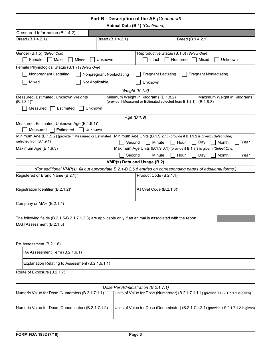 Form FDA1932 Veterinary Adverse Drug Reaction, Lack of Effectiveness, Product Defect Report, Page 3