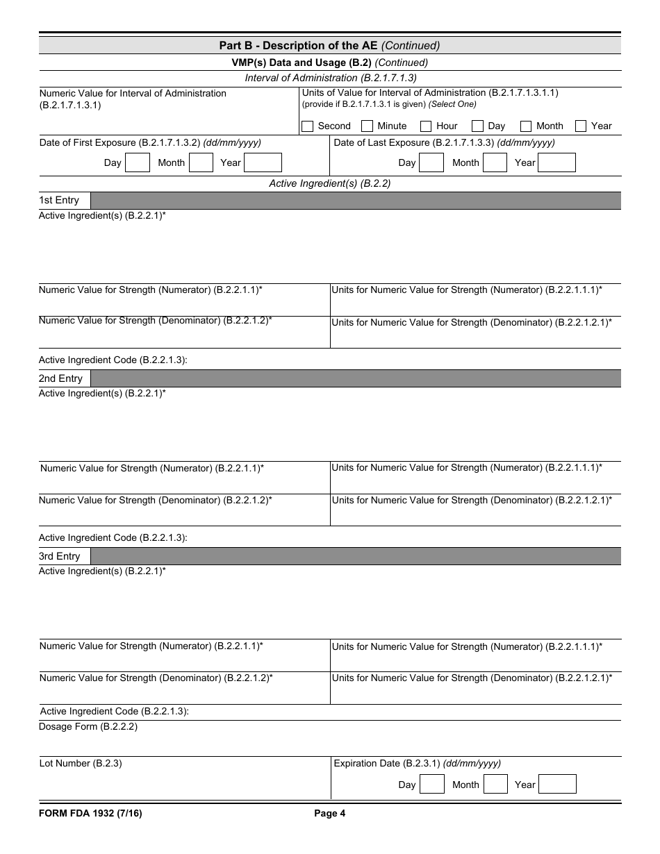 Form FDA1932 Veterinary Adverse Drug Reaction, Lack of Effectiveness, Product Defect Report, Page 4
