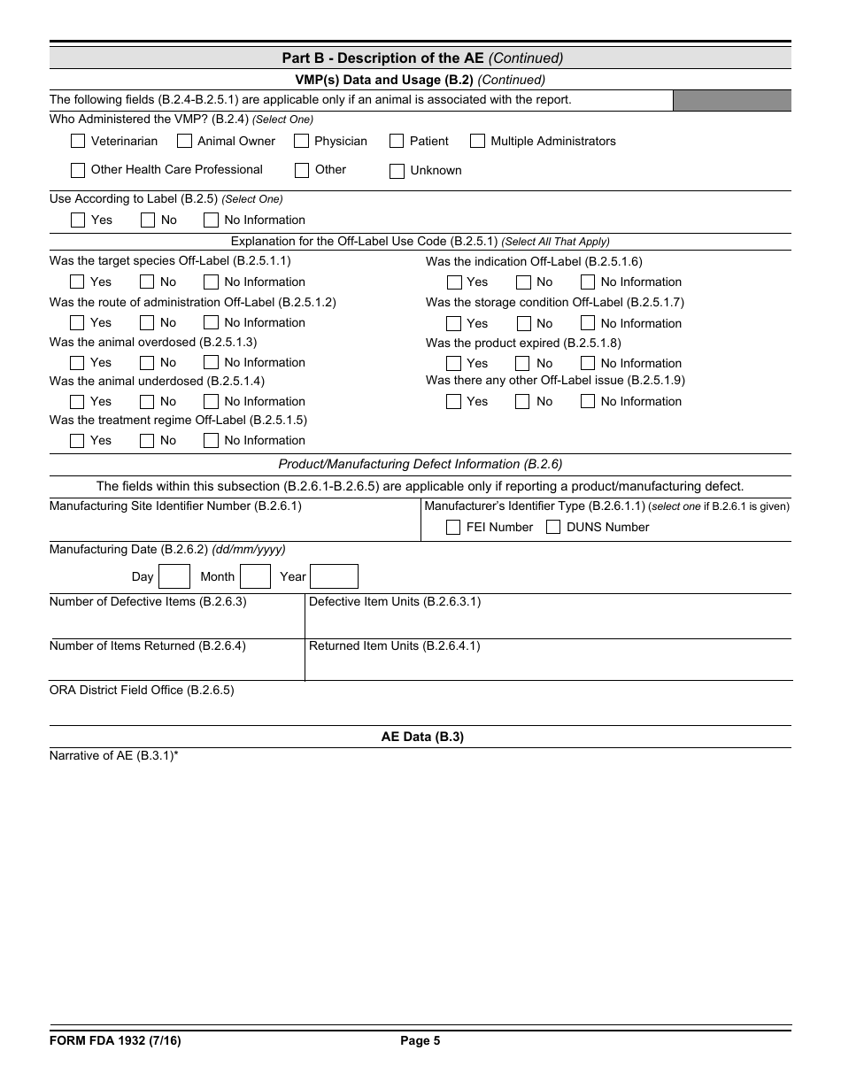 Form FDA1932 Veterinary Adverse Drug Reaction, Lack of Effectiveness, Product Defect Report, Page 5