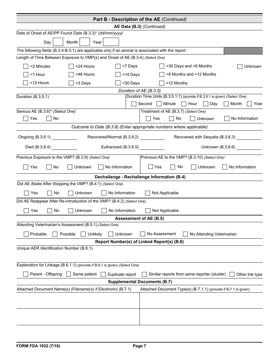 Form FDA1932 Veterinary Adverse Drug Reaction, Lack of Effectiveness, Product Defect Report, Page 7