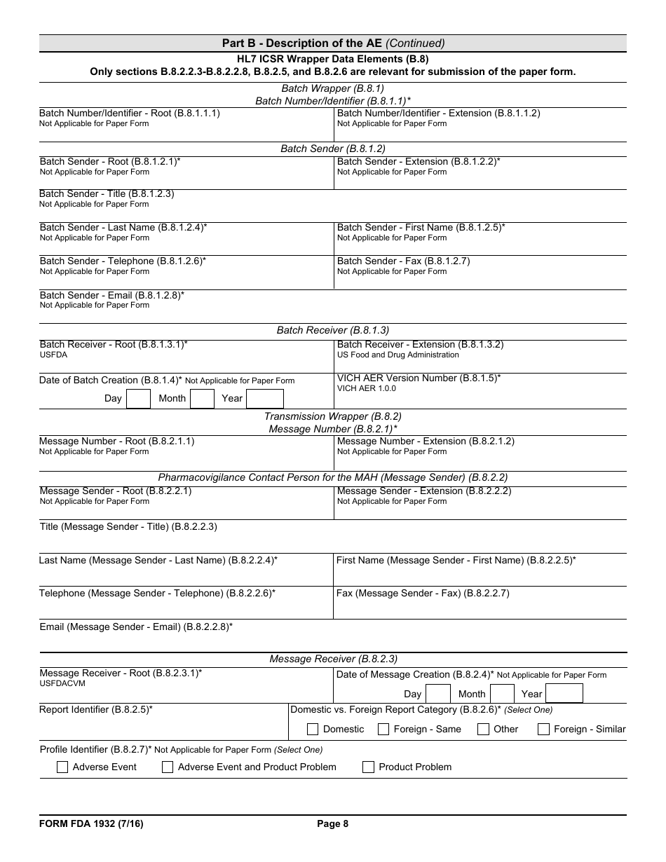 Form FDA1932 Veterinary Adverse Drug Reaction, Lack of Effectiveness, Product Defect Report, Page 8