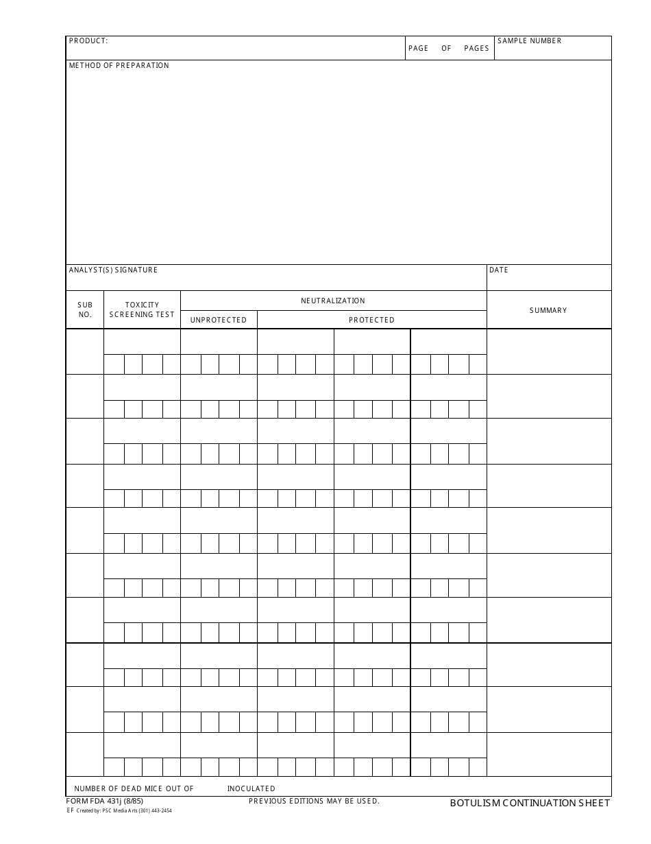 Form FDA431J Botulism Continuation Sheet, Page 1