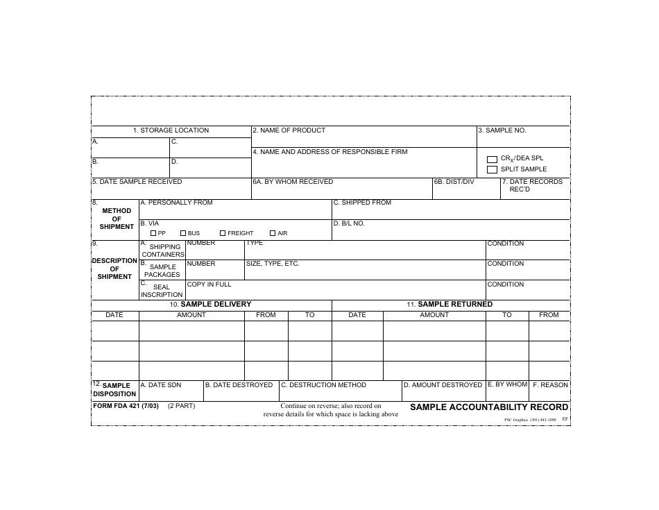 Form FDA421 Sample Accountability Record, Page 1