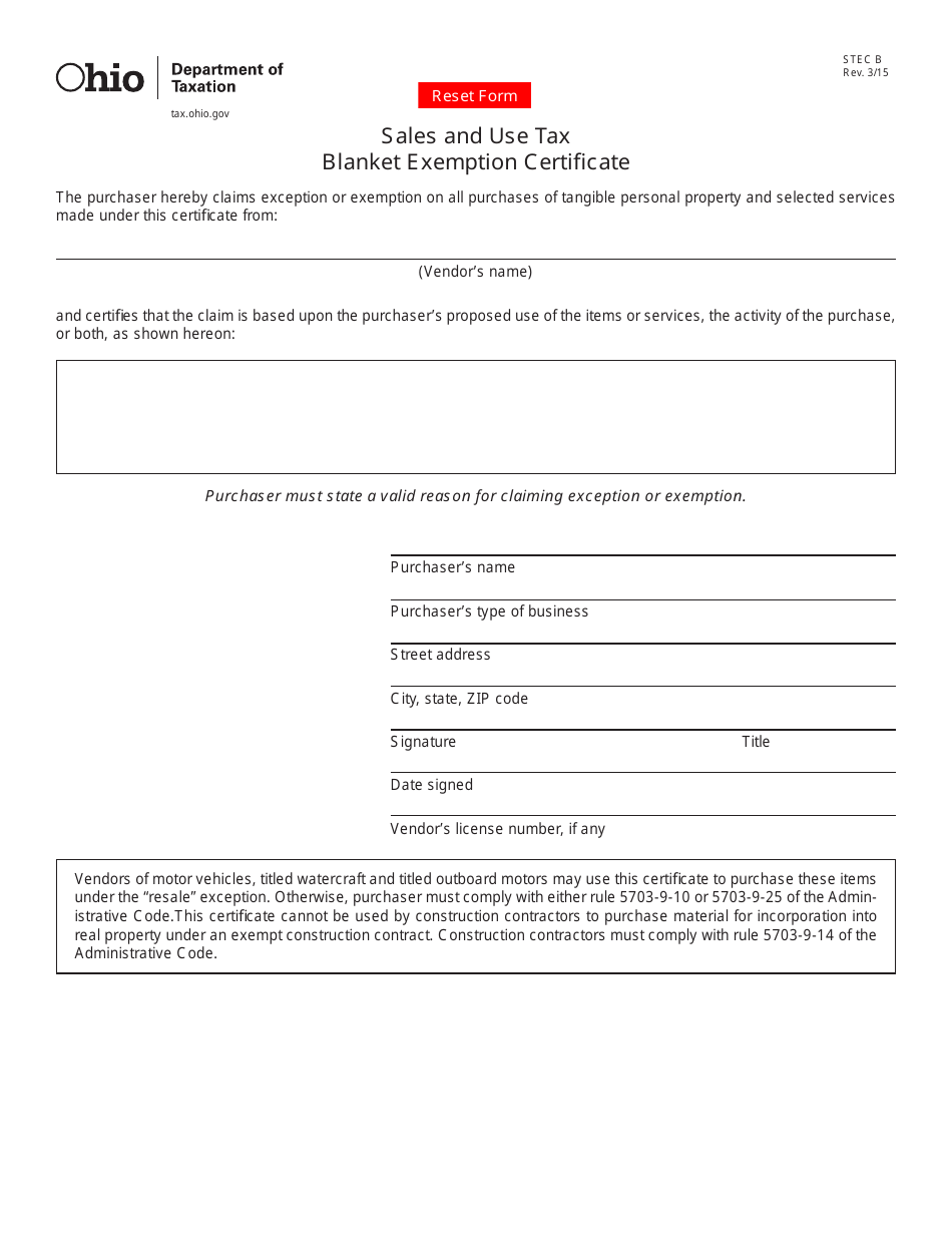 Form STEC B Sales and Use Tax Blanket Exemption Certificate - Ohio, Page 1
