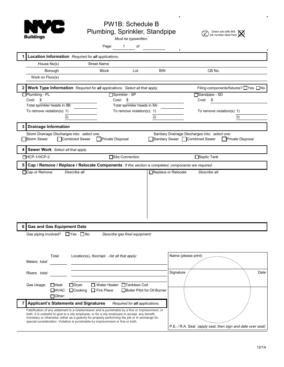 Form PW1B Schedule B Plumbing, Sprinkler, Standpipe - New York City, Page 1