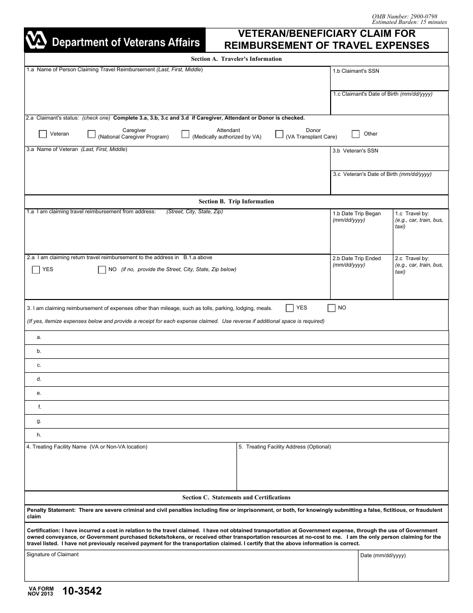 VA Form 10-3542 Veteran / Beneficiary Claim for Reimbursement of Travel Expenses, Page 1
