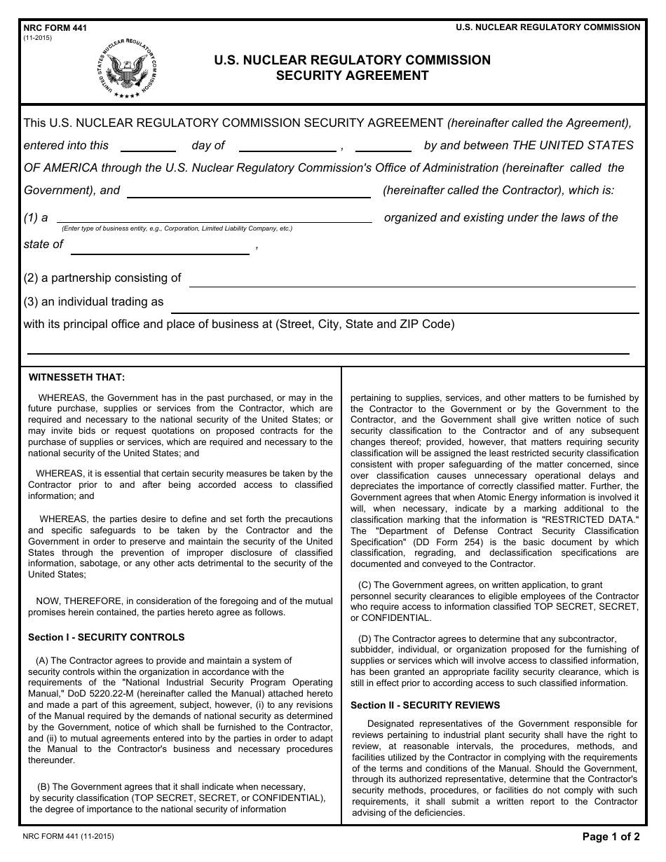 NRC Form 441 Security Agreement, Page 1