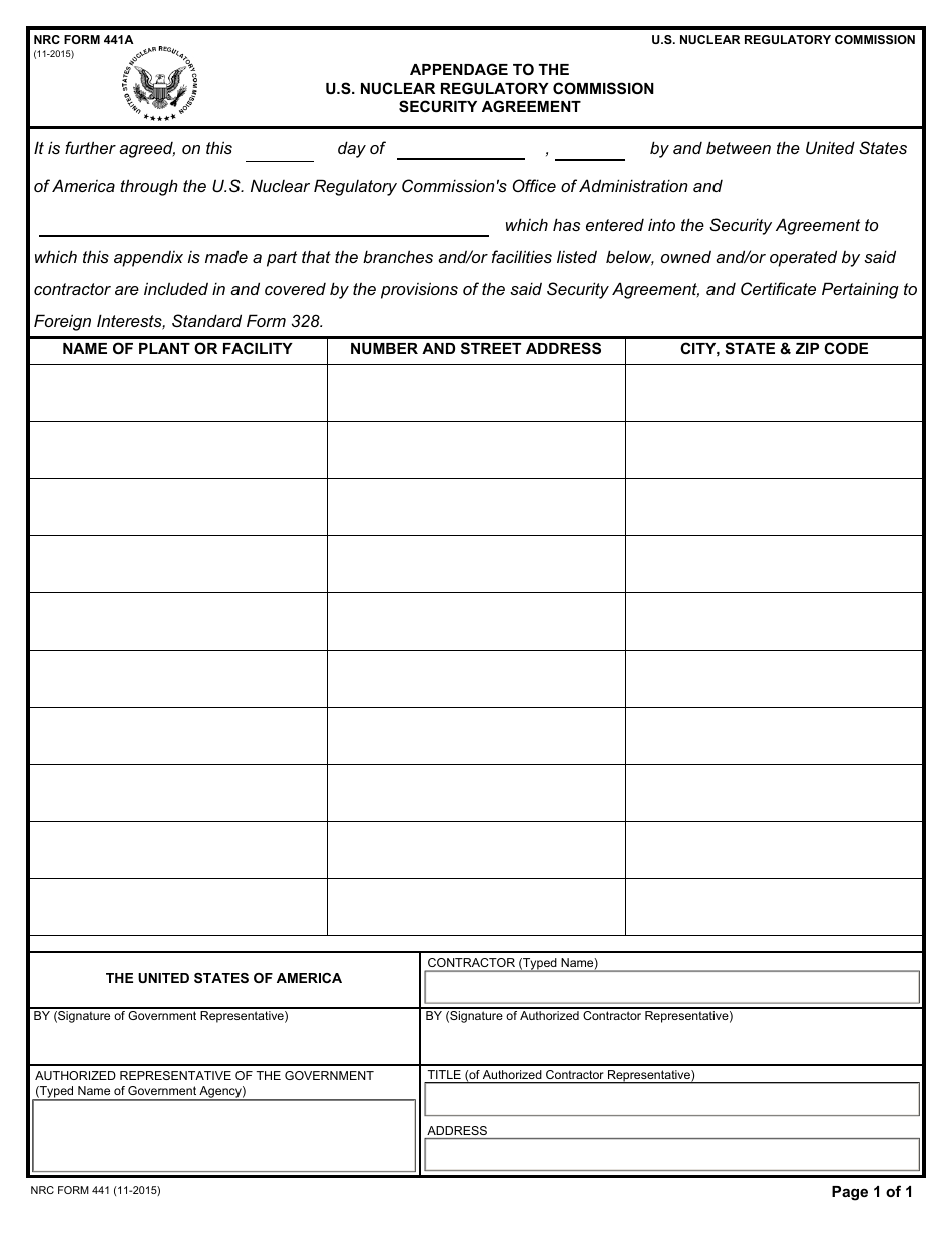 NRC Form 441A Appendage to the U.S. Nuclear Regulatory Commission Security Agreement, Page 1