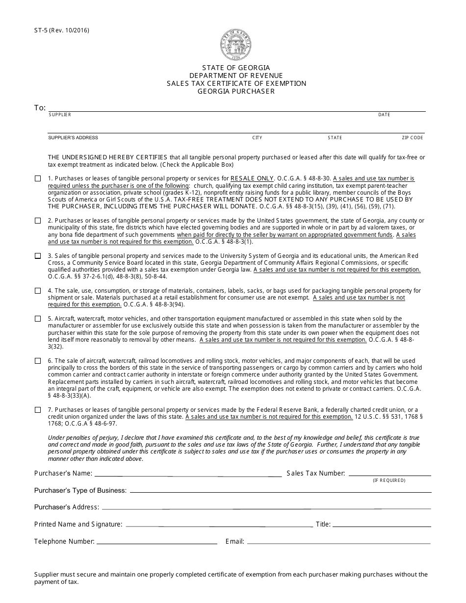 Form ST-5 Sales Tax Certificate of Exemption Georgia Purchaser - Georgia (United States), Page 1