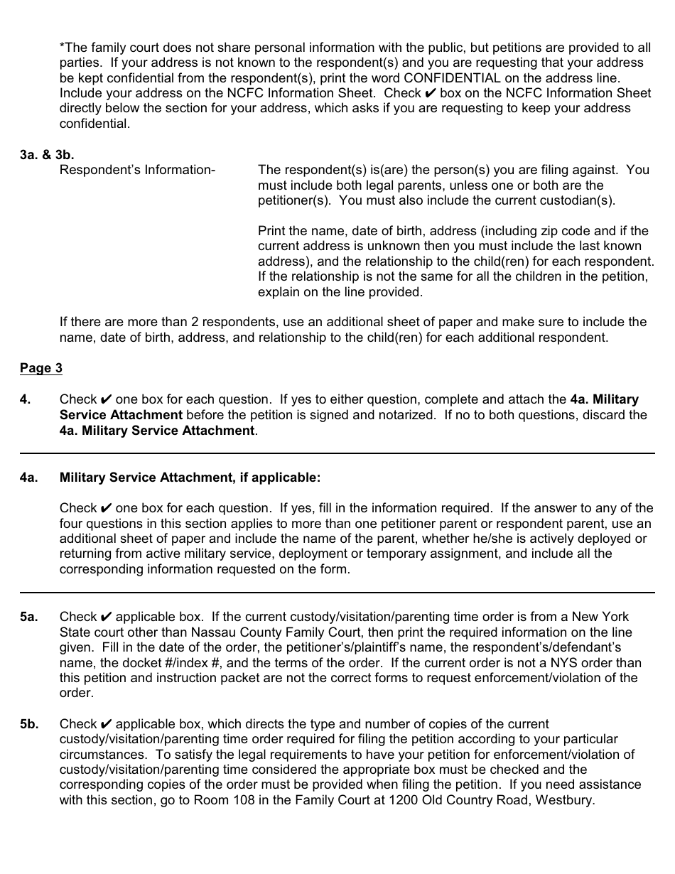 Instructions for an Enforcement / Violation of an Order of Custody / Visitation Petition - Nassau County, New York, Page 3