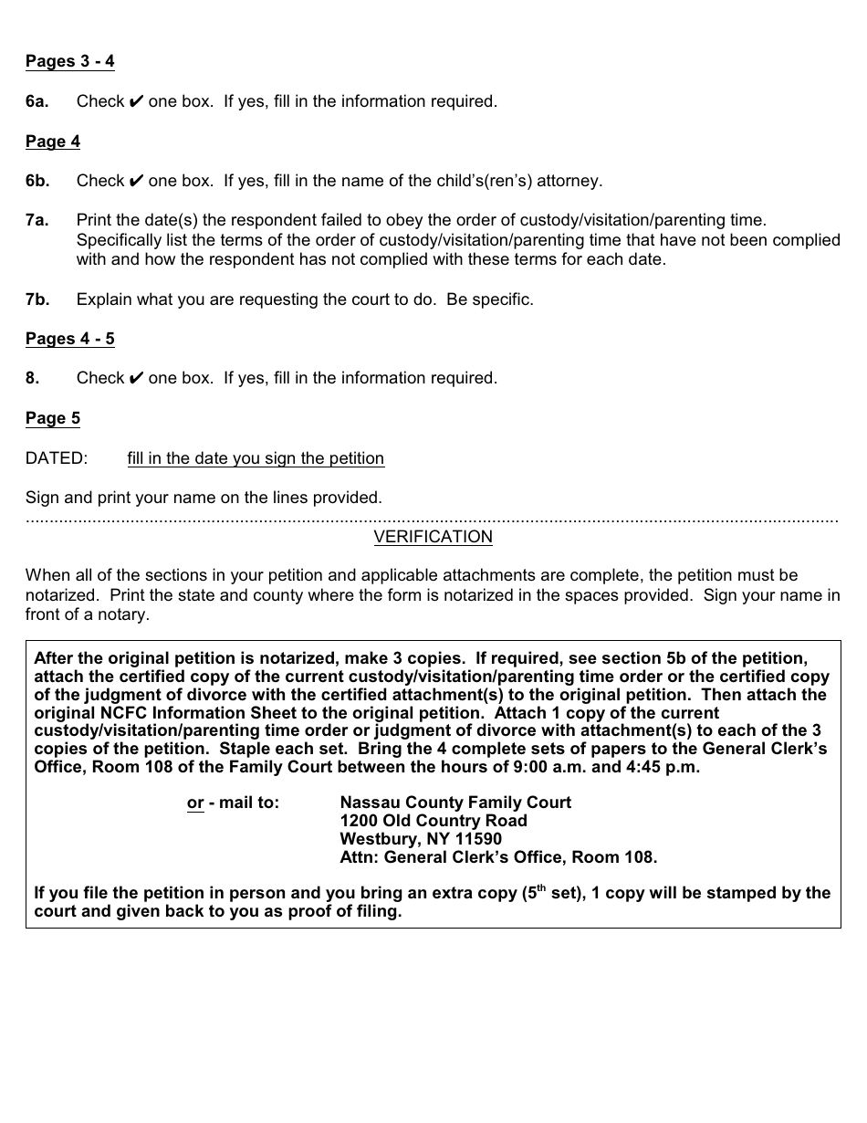 Instructions for an Enforcement / Violation of an Order of Custody / Visitation Petition - Nassau County, New York, Page 4