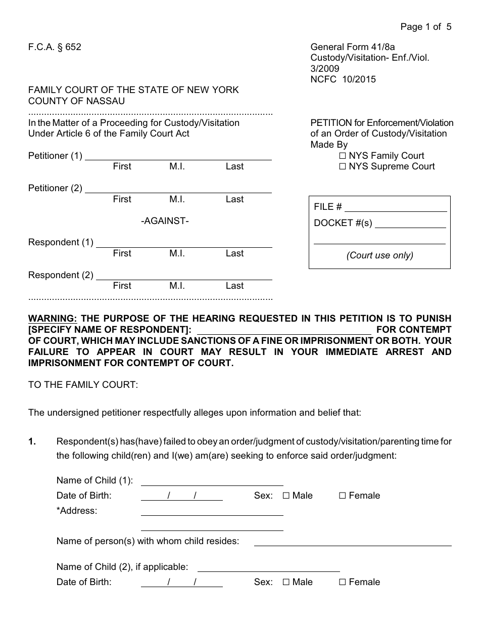 Instructions for an Enforcement / Violation of an Order of Custody / Visitation Petition - Nassau County, New York, Page 5