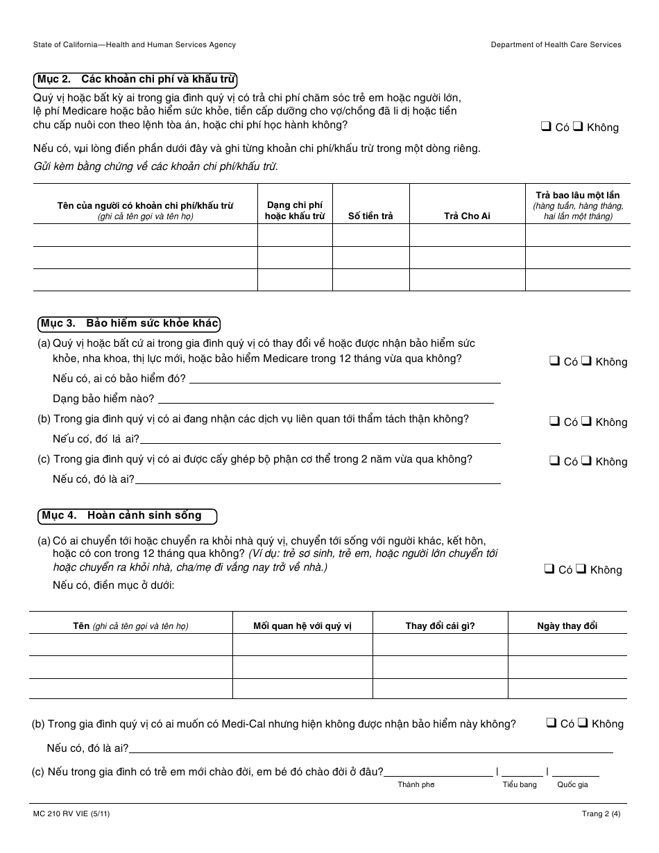 Form MC210 RV Medi-Cal Annual Redetermination - California (Vietnamese), Page 2