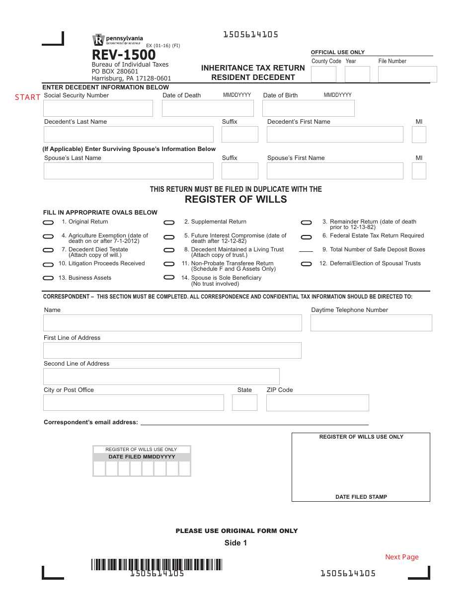 Form REV-1500 Inheritance Tax Return Resident Decedent - Pennsylvania, Page 1