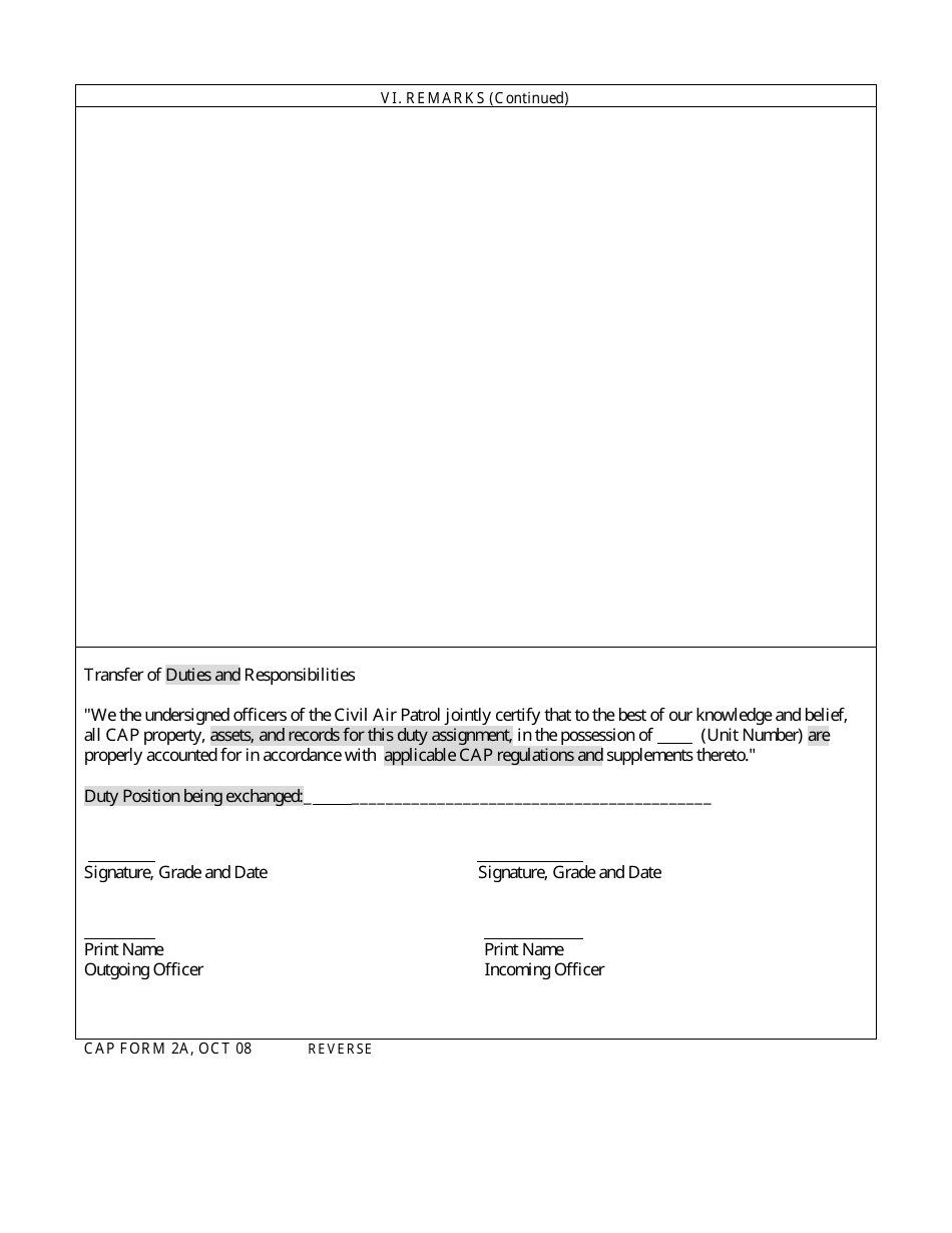 CAP Form 2A Request for and Approval of Personnel Actions, Page 2