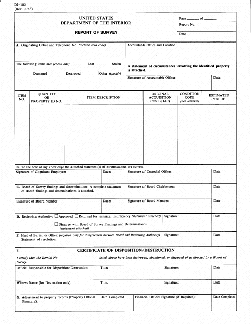 Form DI-103 Report of Survey